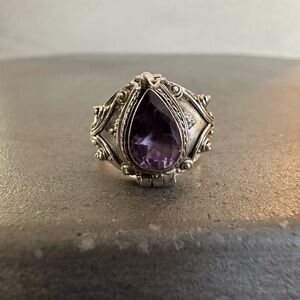 Vintage Sterling Silver Amethyst Teardrop Shaped Locket Secret Compartment Ring